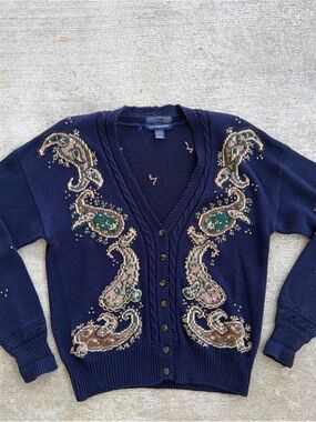 Vintage Herman Geist Women’s Hand Embroidered Cardigan Sweater Size Large